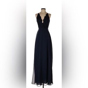 Dessy Collection 3054N1 Plunge Neck Lace & Chiffon Gown Dress Midnight Sz 6